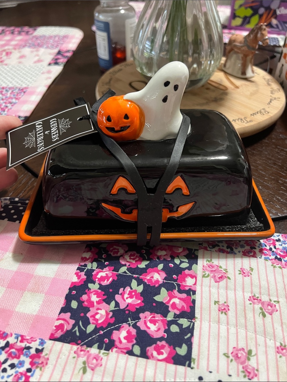 New Halloween Ceramic Butter Dish with Ghost & Pumpkin - Black & Orange